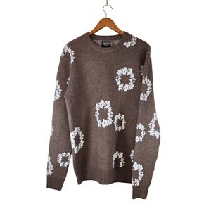 RGSTR Chocolate Brown Floral Wreath Knit Crewneck Sweater Mens Medium